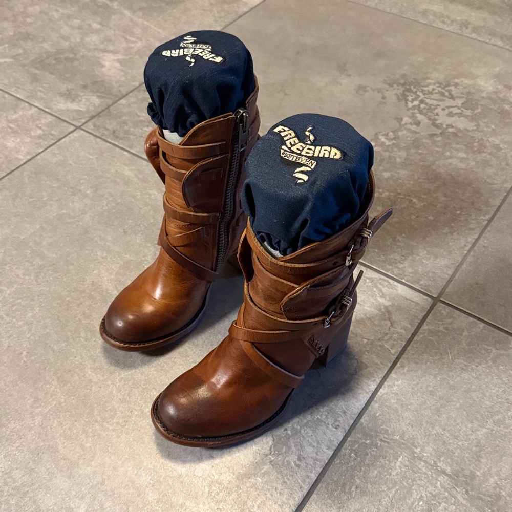 Freebird Tan Leather Boots with Buckle Accents